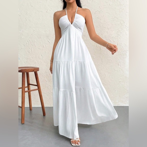 WILA Dresses & Skirts - Halter v neck textured tiered maxi dress tie back minimalist boho white
